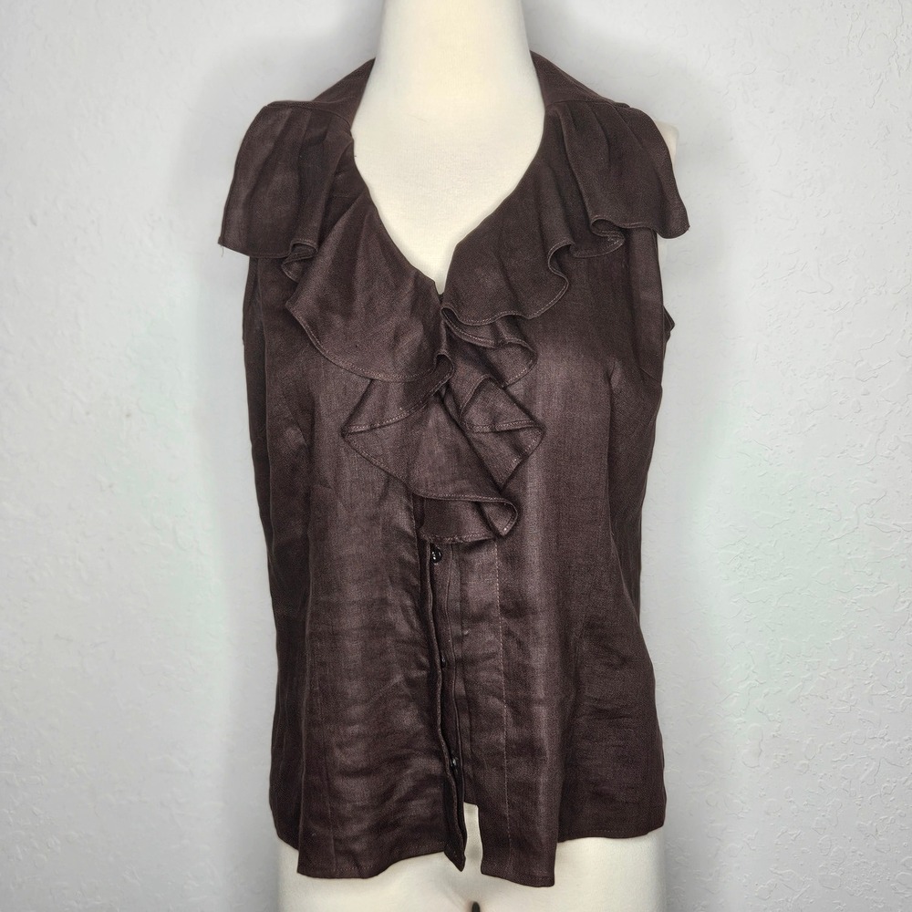 Richard Malcolm Petite Brown Linen Sleeveless Ruffle Collared‎ Button Front PM